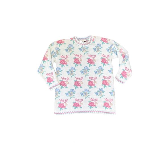 Vintage Dana Scott  Floral Mockneck Tunic White Pink Sweater | Size Medium - Picture 1 of 7